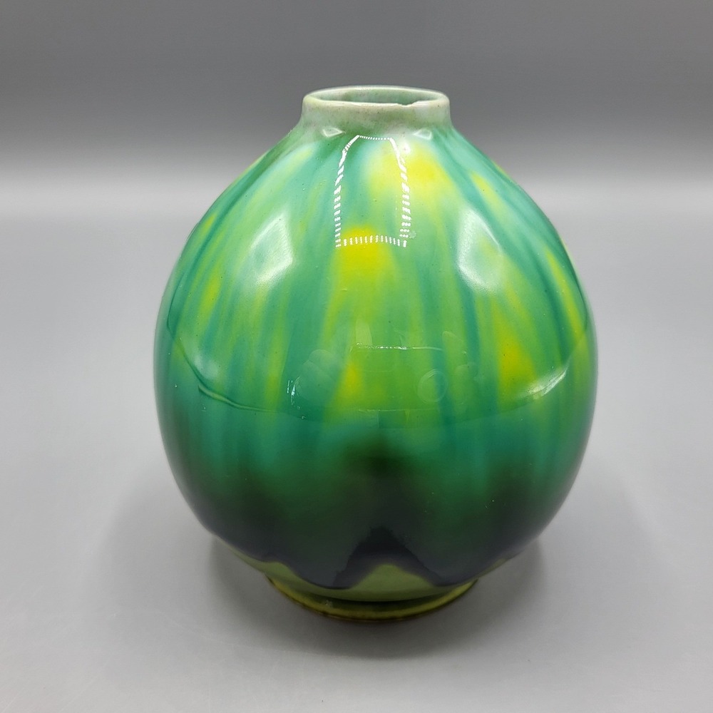 Drip Glaze Bud Vase Small 4" Vibrant Green Yellow Mid Century Style Ceramic